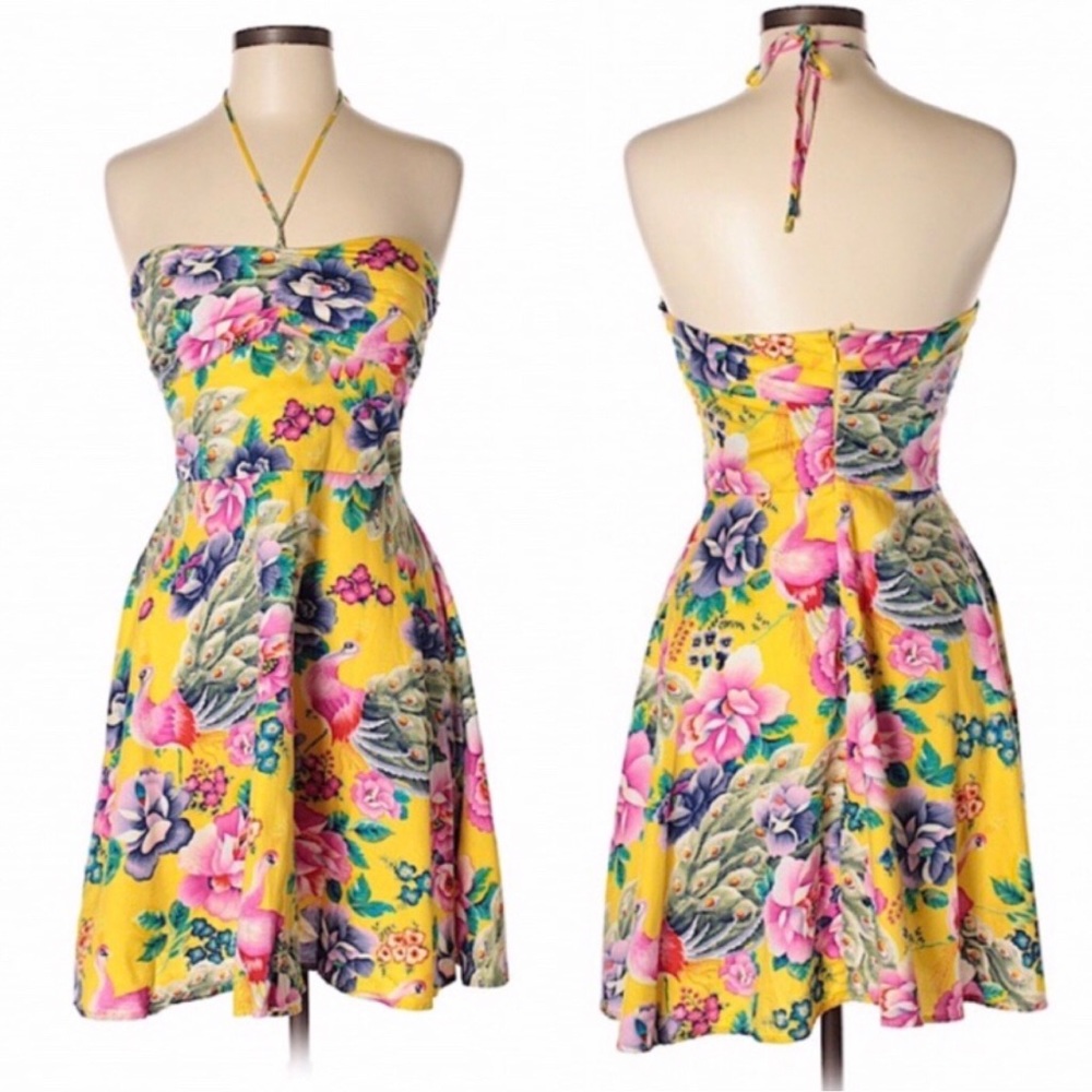Warehouse Women’s Floral Peacock Print Summer Yellow Dress Size 6
